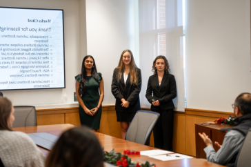 Portsmouth High School students Rena Eberhardt, Sophia Berling, and Isha Shah present during the fraud exploration challenge at the “Is Accounting for Me?” held at Paul College in December.